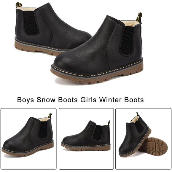 Kids Black Waterproof Lightweight Fur Lined Ankle Boots Baby Winter Shoes - Picture 2 of 7